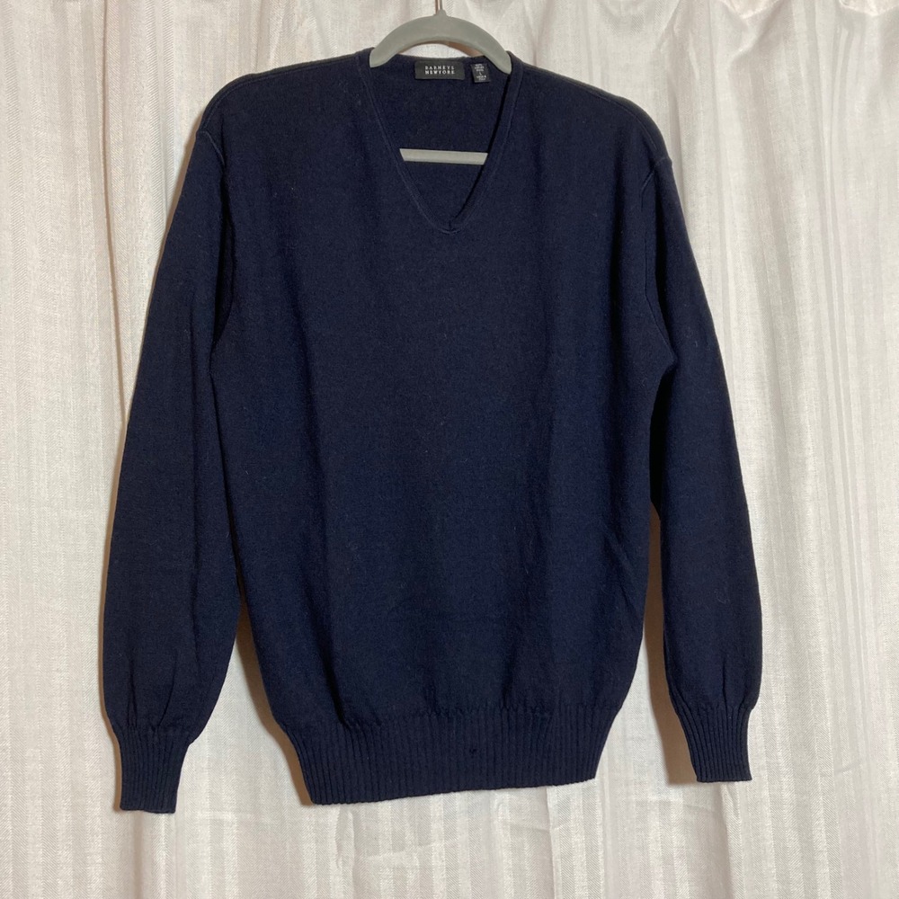 Barneys New York Navy Blue 100% Merino Wool V-Neck Sweater Made Italy L *Flawed